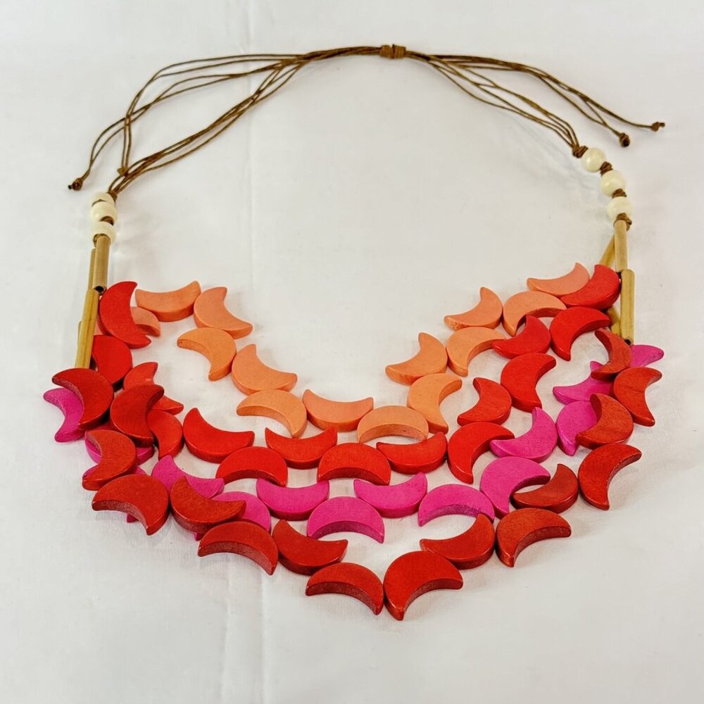 New Moon Beaded Wood Necklace Lightweight Adjustable 20" Long Red Pink Peach